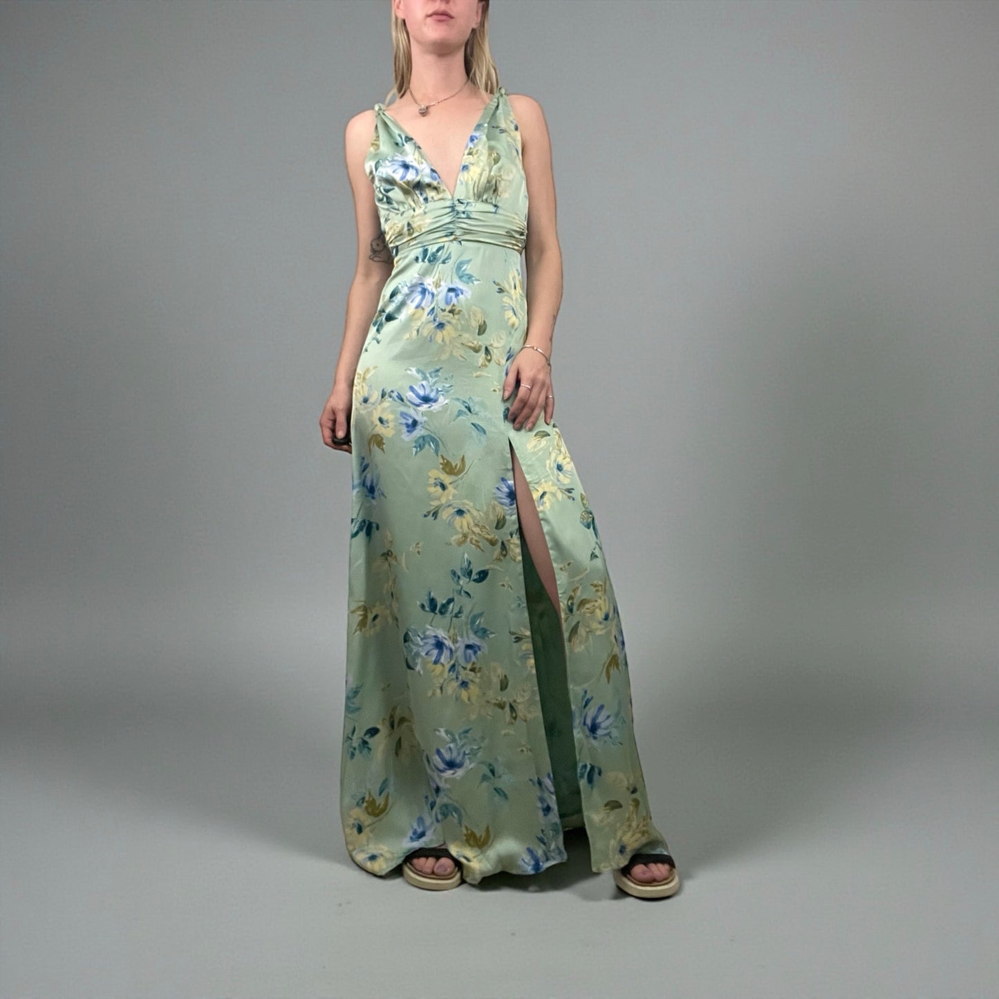 Lulus Silky Sage Green & Blue Floral Side Slit Plunge V-Neck Maxi Dress