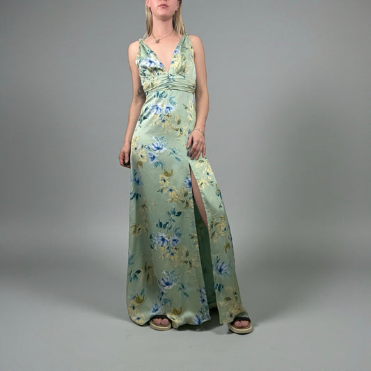 Lulus Silky Sage Green & Blue Floral Side Slit Plunge V-Neck Maxi Dress
