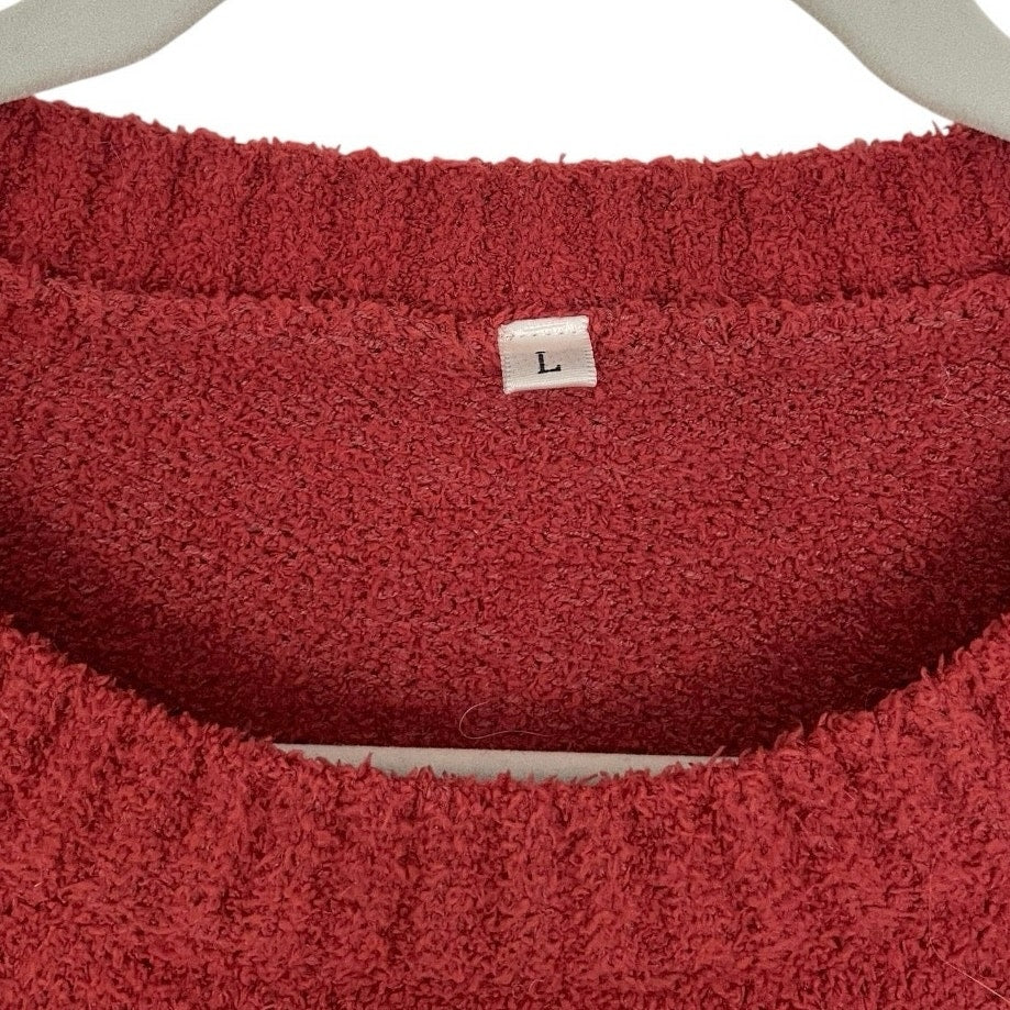 Red Textured Knit Cuffed Sleeve Crewneck Sweater
