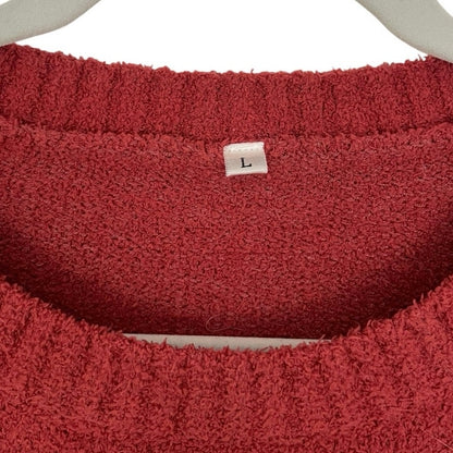 Red Textured Knit Cuffed Sleeve Crewneck Sweater