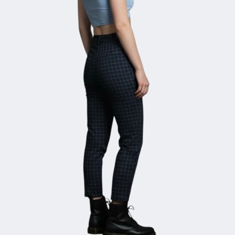 Nasty Gal Navy Blue & White Grid Check High Rise Cuffed Trousers