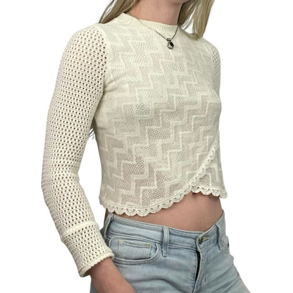 Free People White Lace Trim Sheer Knit Cross Front Sweater