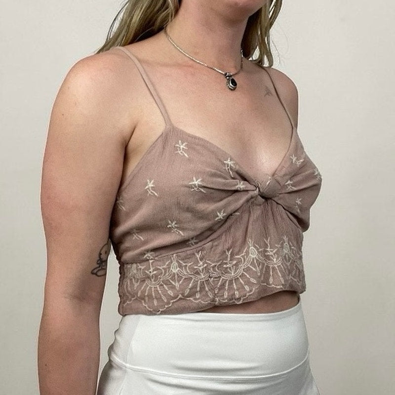 American Eagle Dusty Pink Boho Embroidered Cropped Tank Top