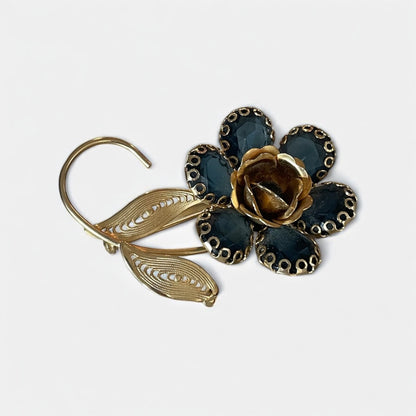 Vintage Blue Gemstone & Gold Flower Pendant Brooch Pin