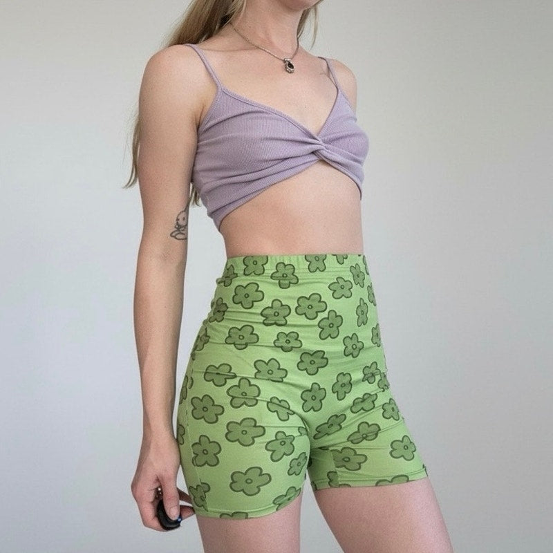 SHEIN Green 70s Flower Print Midi Bike Shorts