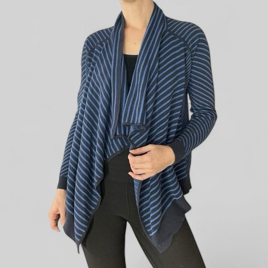 Foxcroft Blue and Black Striped Knit Cardigan Sweater