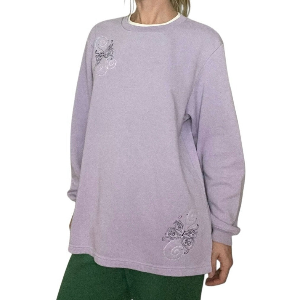 Blair Vintage Purple Butterfly Embroidered White Double Collar Sweatshirt