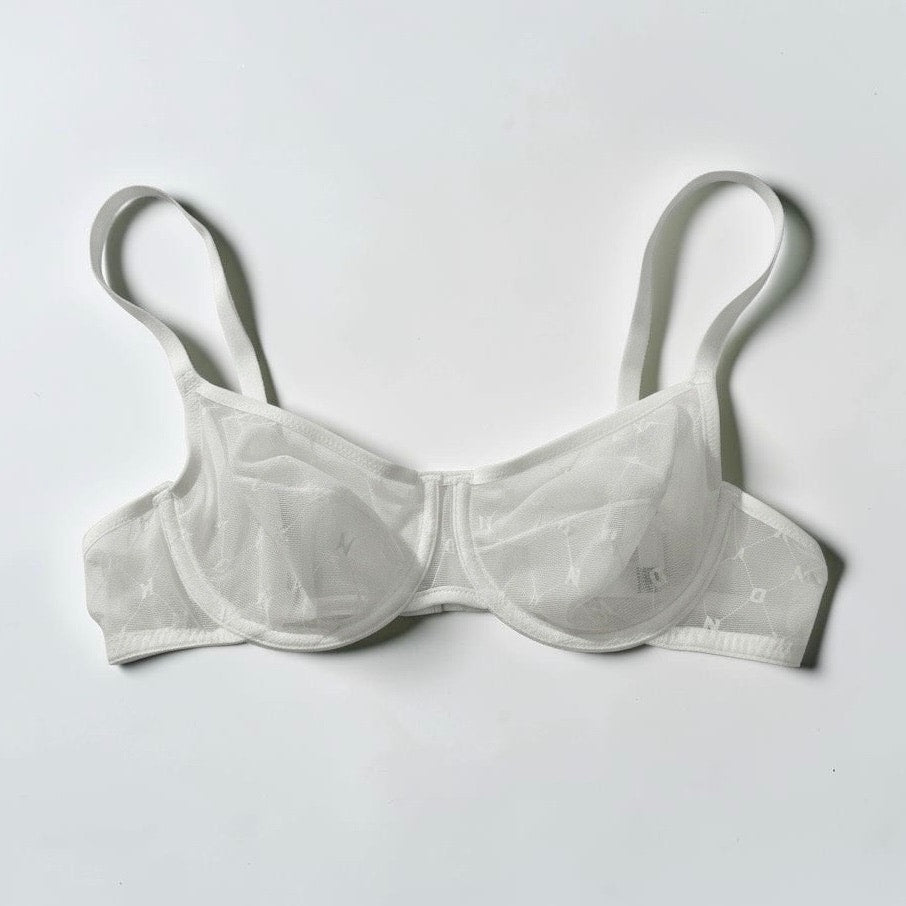 DKNY White Sheer Mesh Logo Unlined Underwire Bra