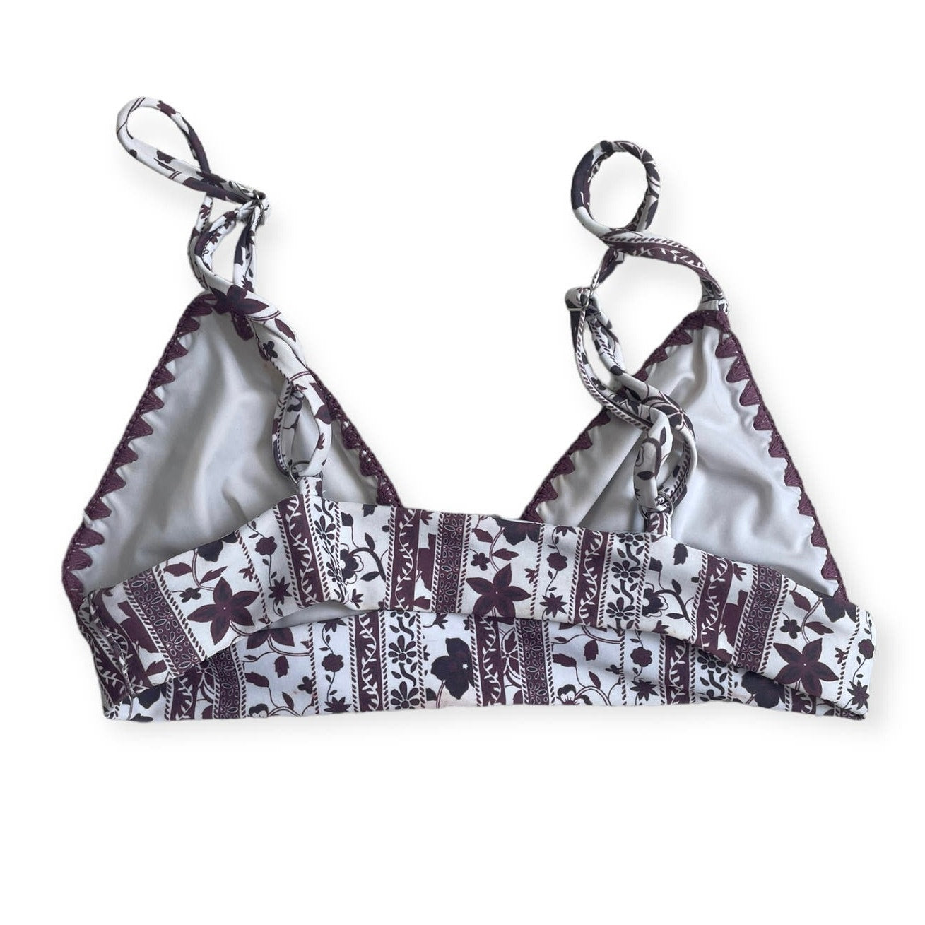 Boho Purple and White Embroidered Trim Triangle Bikini Top