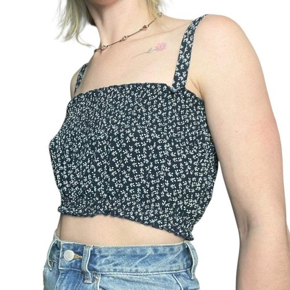 Brandy Melville Navy Blue & White Floral Cropped Ruched Tank Top