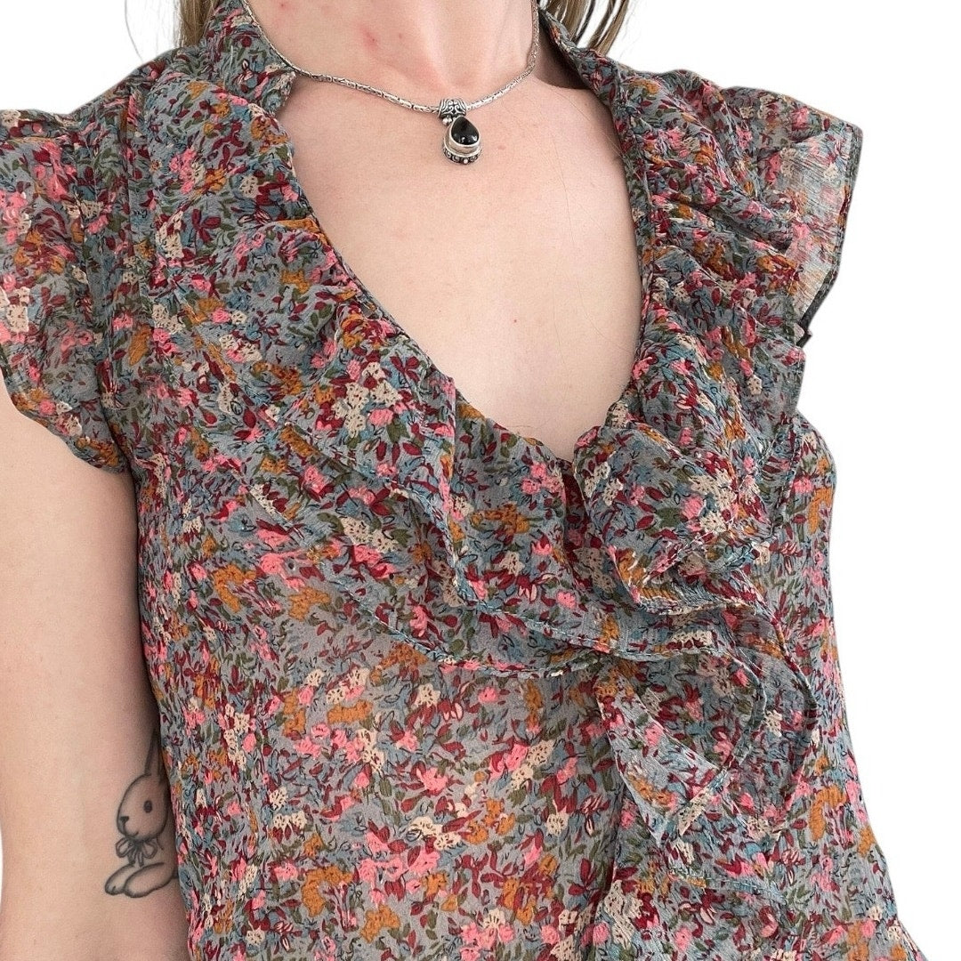 dmbm Sheer Floral V-Neck Ruffled Blouse