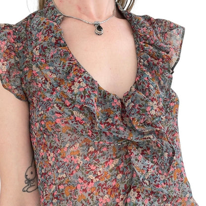 dmbm Sheer Floral V-Neck Ruffled Blouse