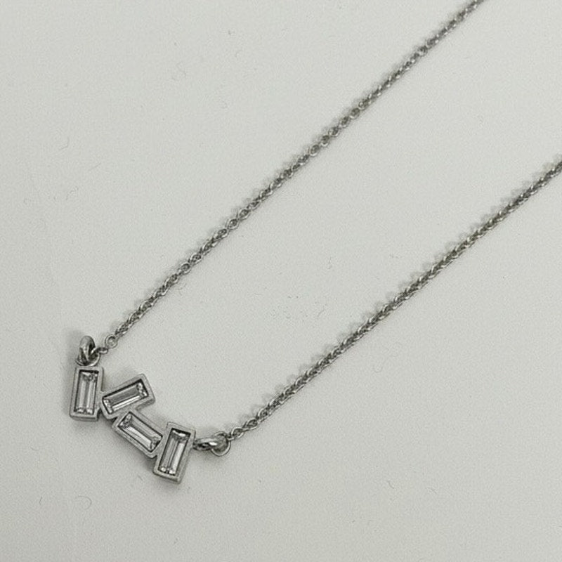 Silver Baguette Bar Rectangular Stone Geometric Chain Necklace