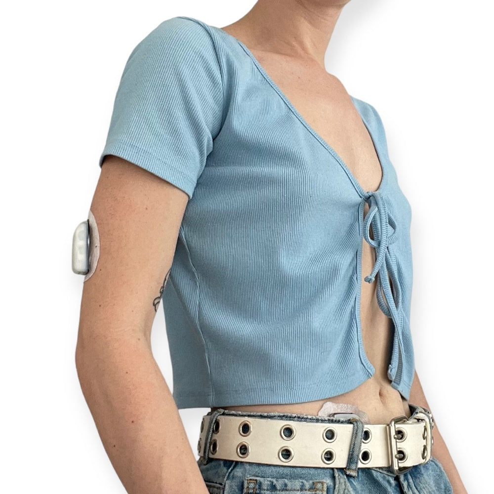 ROMWE Sky Blue Ribbed Cropped Short Sleeve Lace Up Top