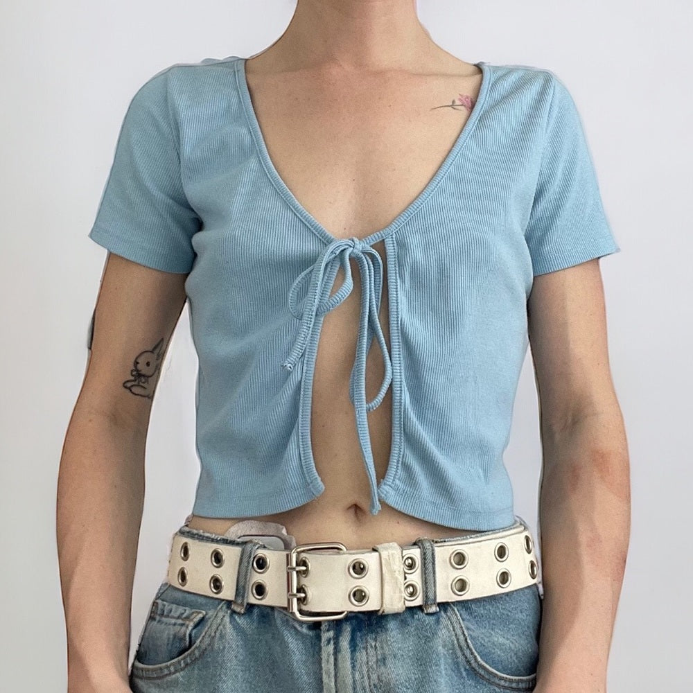 ROMWE Sky Blue Ribbed Cropped Short Sleeve Lace Up Top