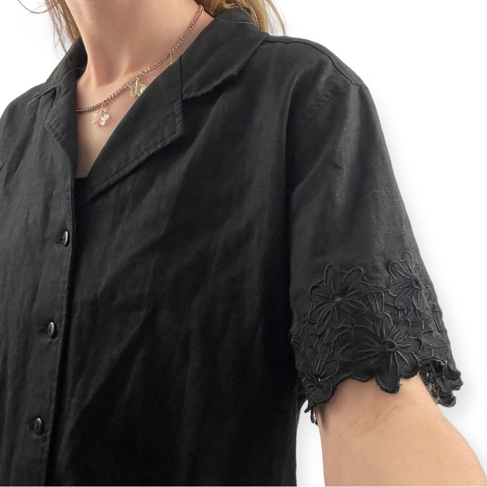 Jane Ashley Clothing Vintage Black Collared Button Down Floral Lace Trim Blouse