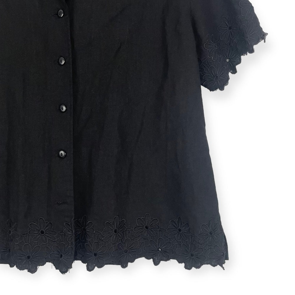 Jane Ashley Clothing Vintage Black Collared Button Down Floral Lace Trim Blouse