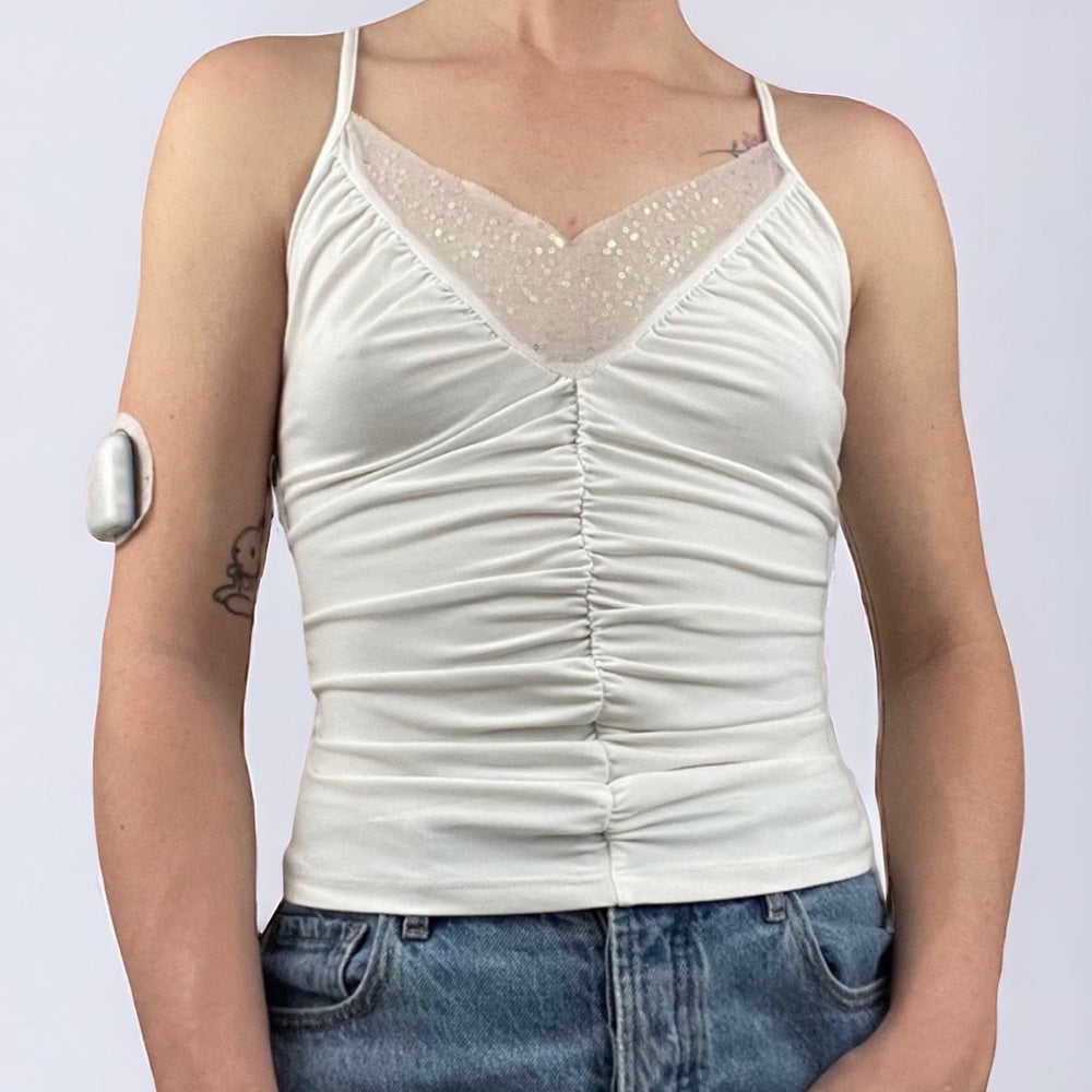 Moda International Vintage White Sequined Ruched Tank Top