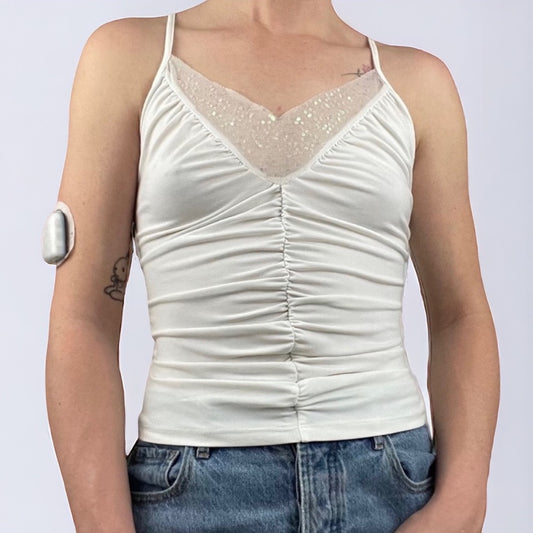 Moda International Vintage White Sequined Ruched Tank Top