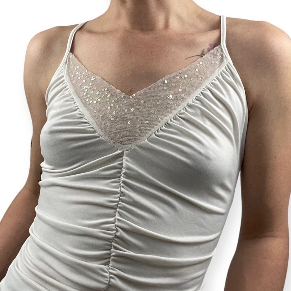 Moda International Vintage White Sequined Ruched Tank Top