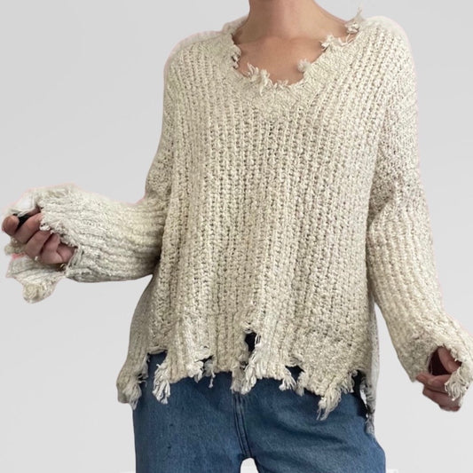 Anna Grace Cream Distressed Knit Sweater