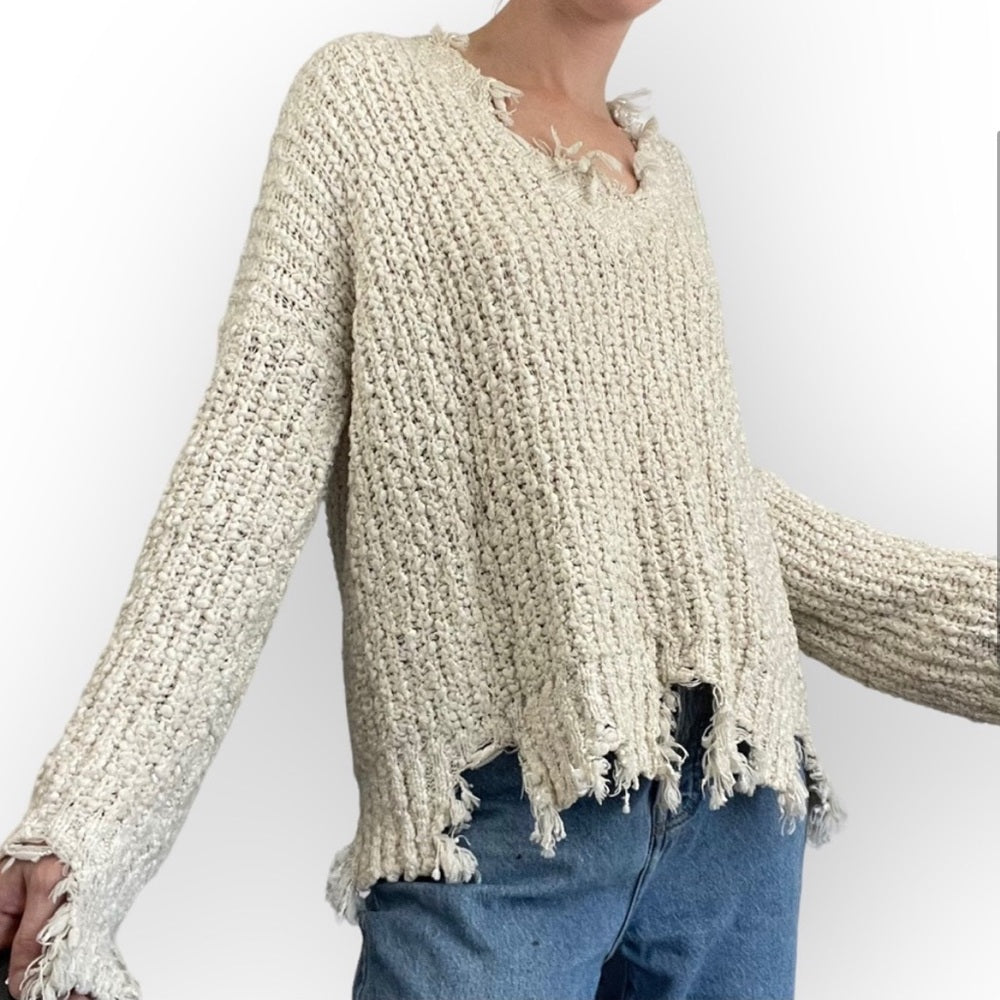 Anna Grace Cream Distressed Knit Sweater