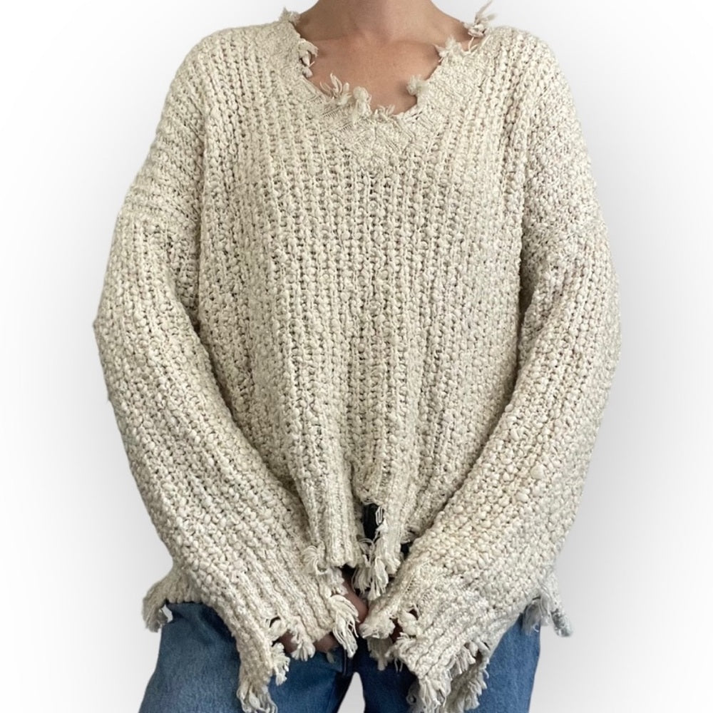 Anna Grace Cream Distressed Knit Sweater