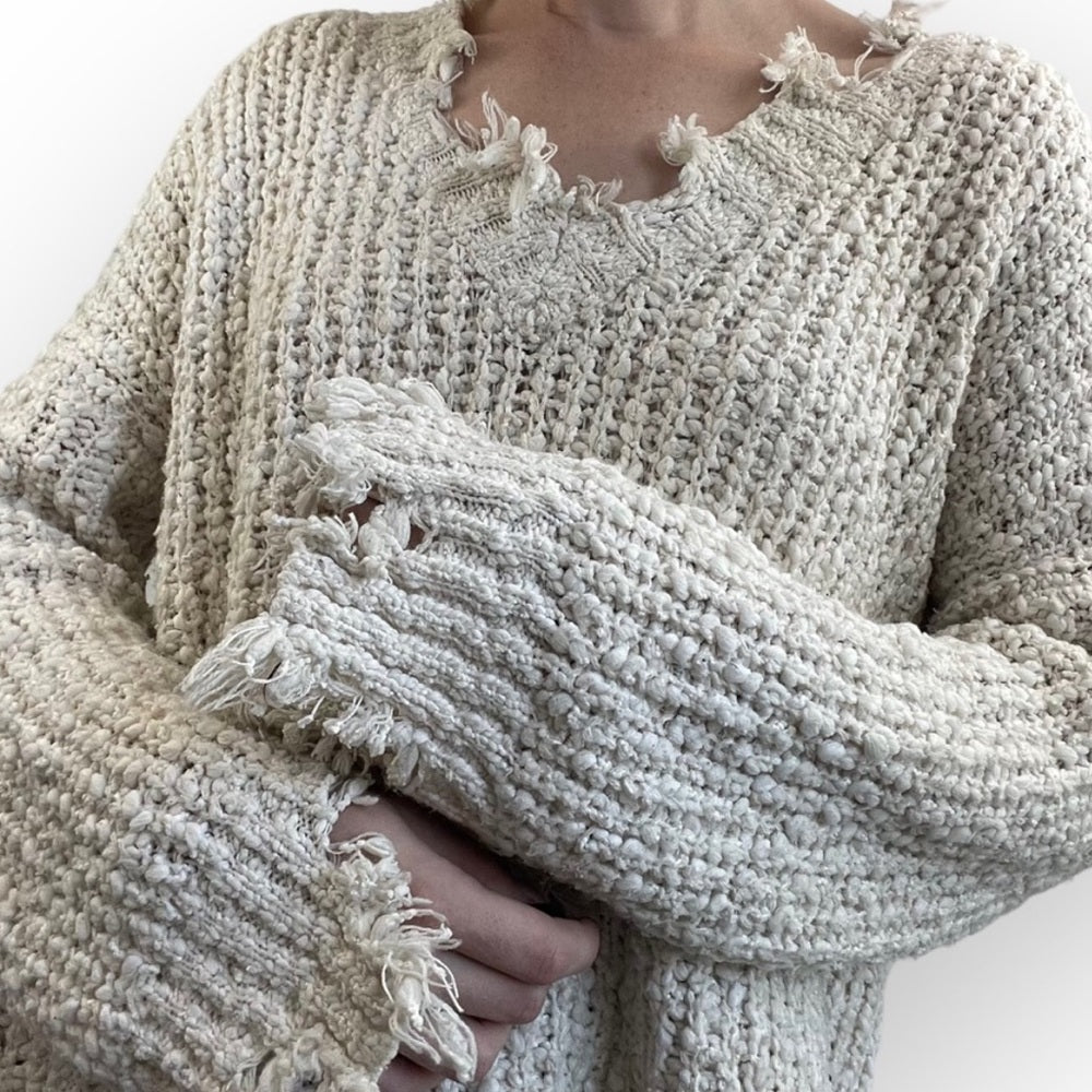 Anna Grace Cream Distressed Knit Sweater