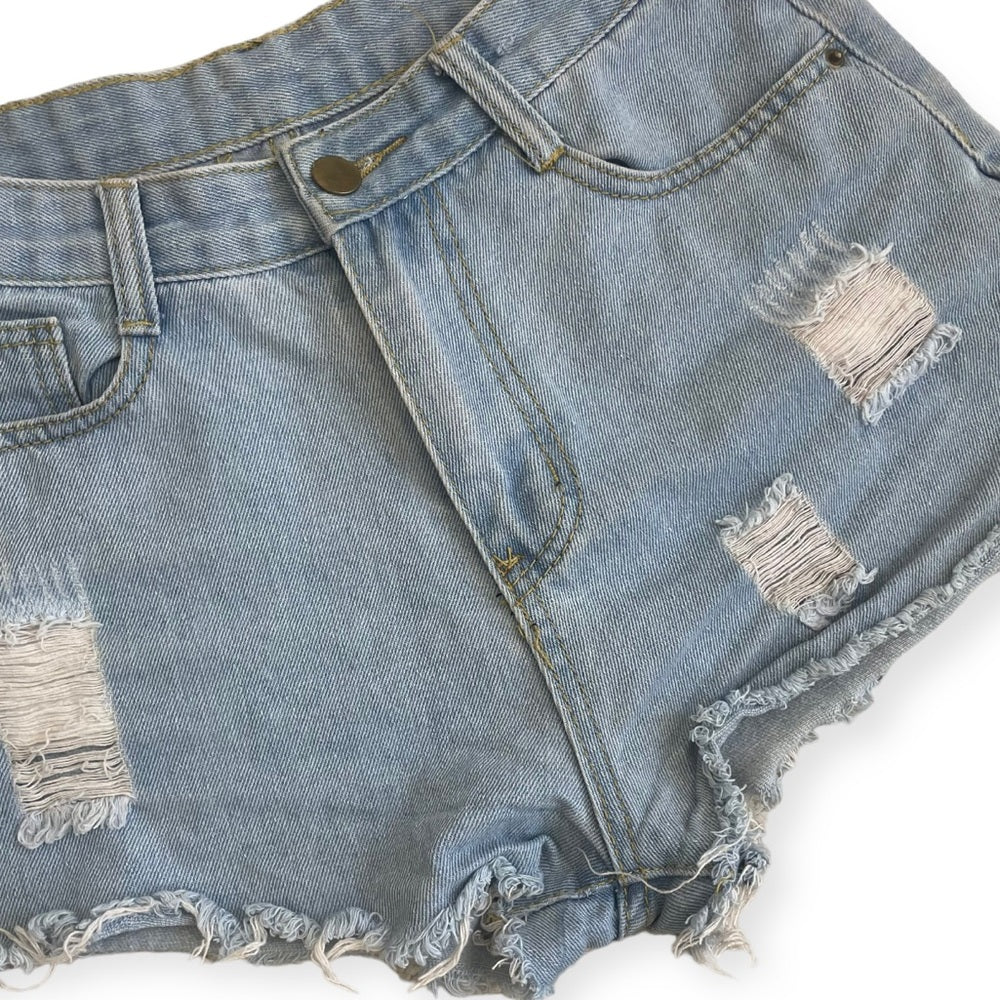 Distressed Light Wash High Rise Mini Jean Shorts