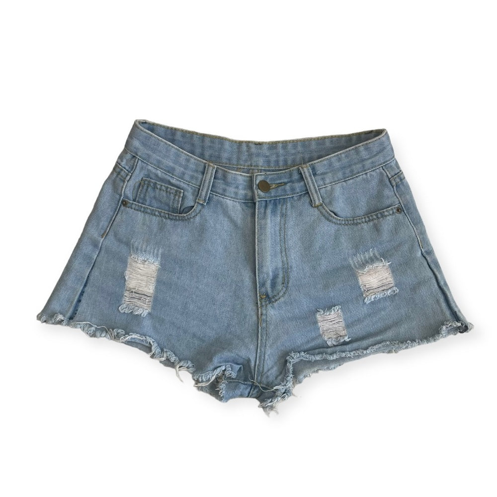 Distressed Light Wash High Rise Mini Jean Shorts