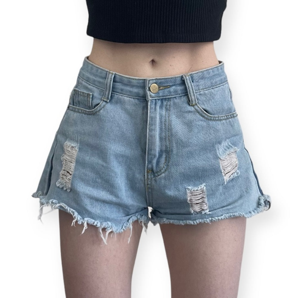 Distressed Light Wash High Rise Mini Jean Shorts