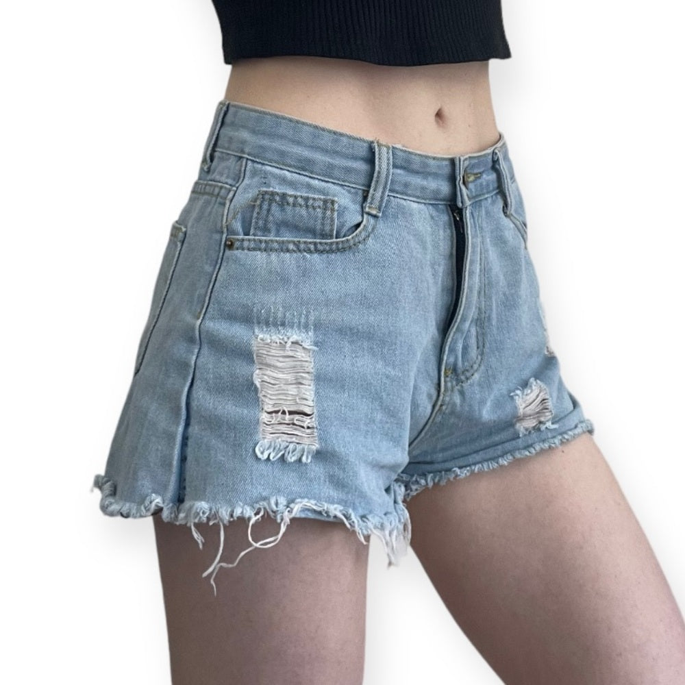 Distressed Light Wash High Rise Mini Jean Shorts