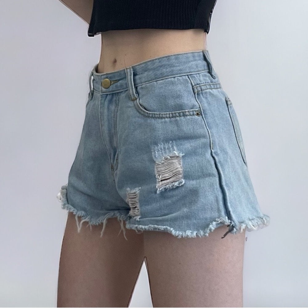 Distressed Light Wash High Rise Mini Jean Shorts