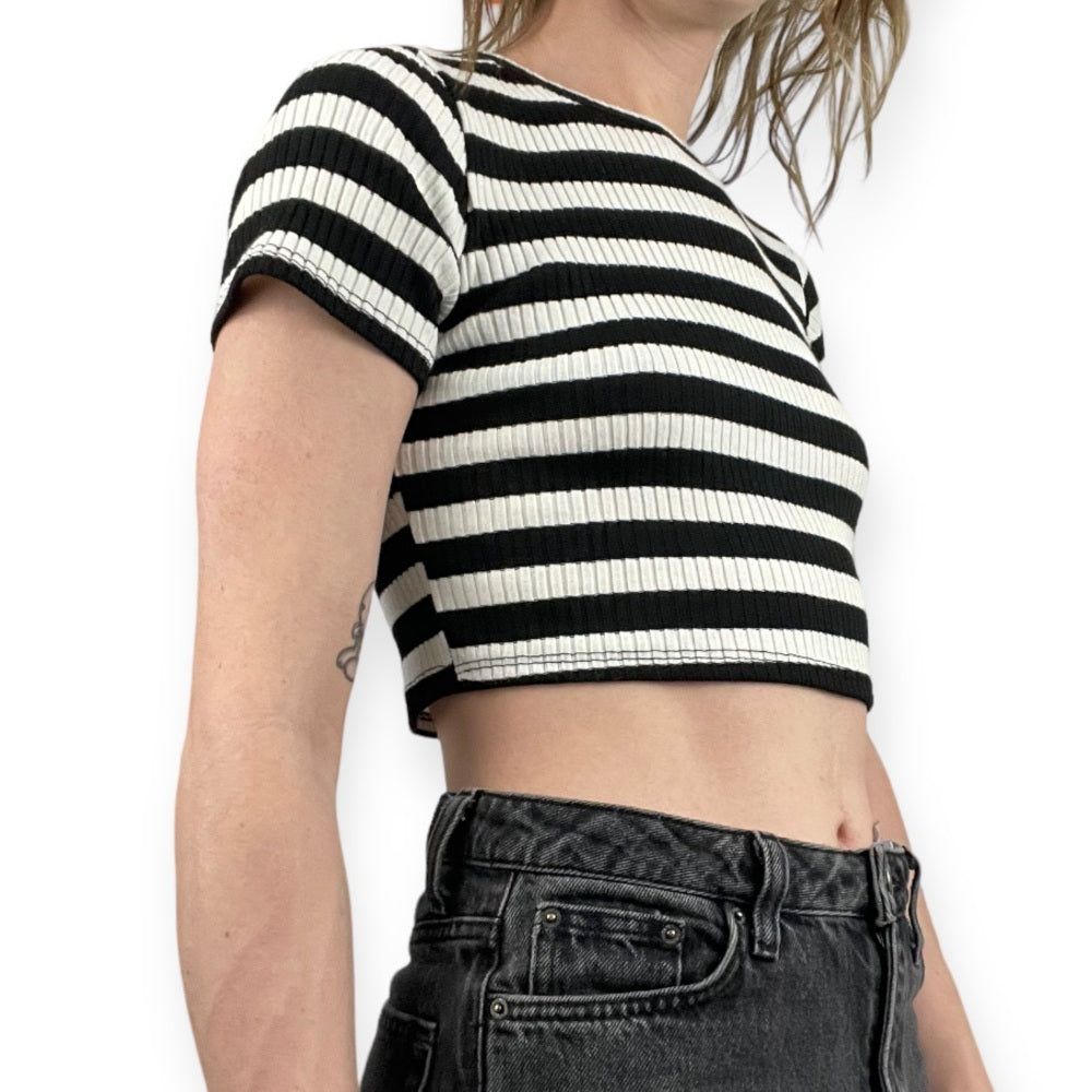 Love Culture Black and White Striped Ribbed Cropped Short Sleeve Top