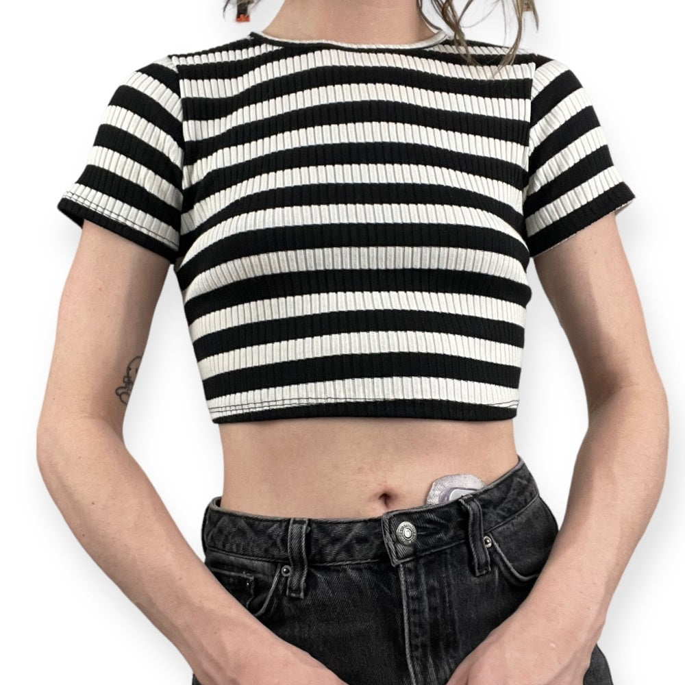 Love Culture Black and White Striped Ribbed Cropped Short Sleeve Top