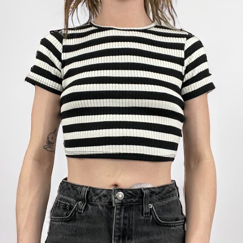 Love Culture Black and White Striped Ribbed Cropped Short Sleeve Top