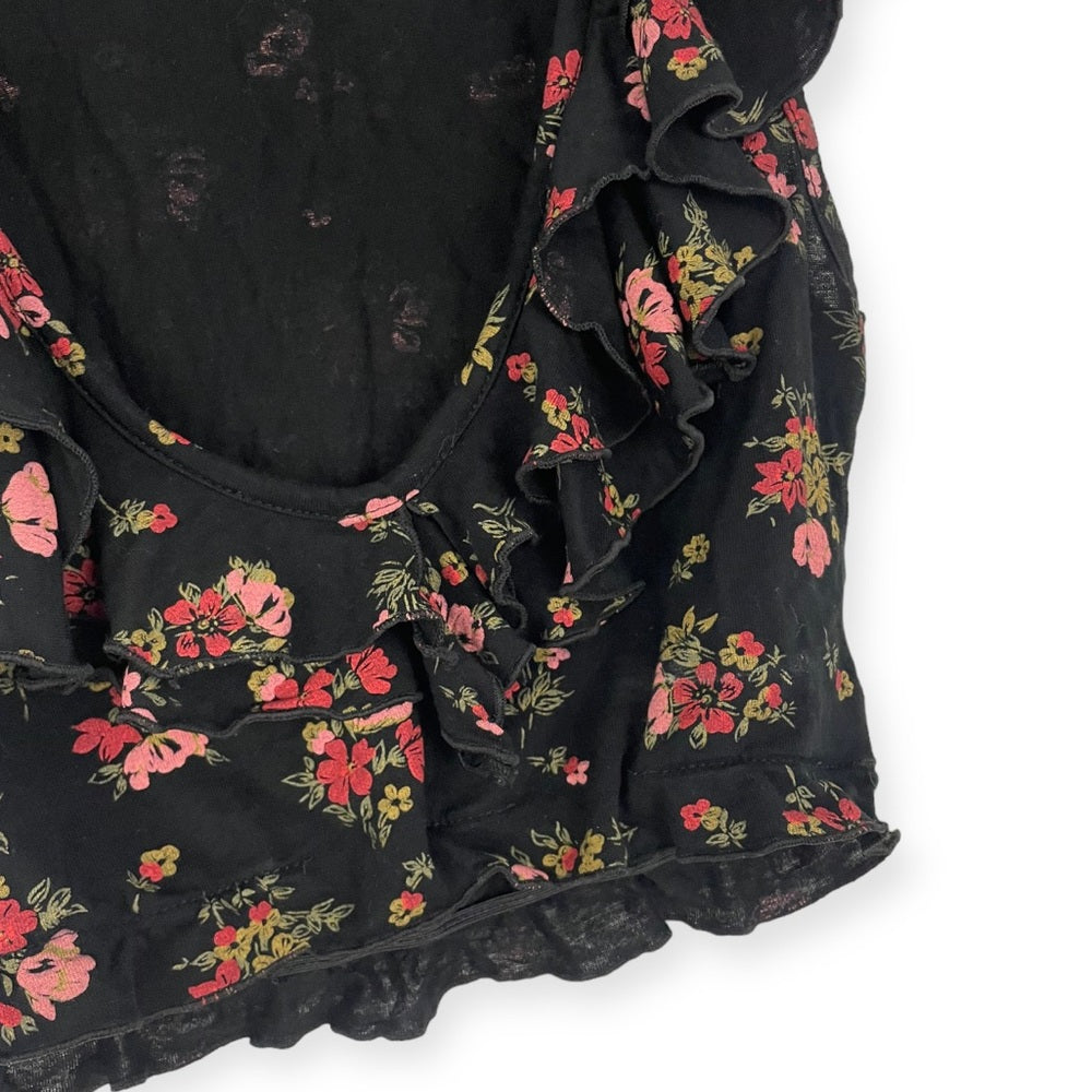 Nasty Gal Soft Black Floral Ruffled Cropped Short Sleeve Blouse