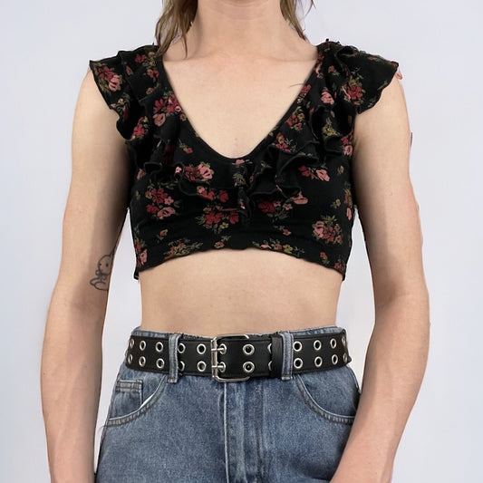 Nasty Gal Soft Black Floral Ruffled Cropped Short Sleeve Blouse