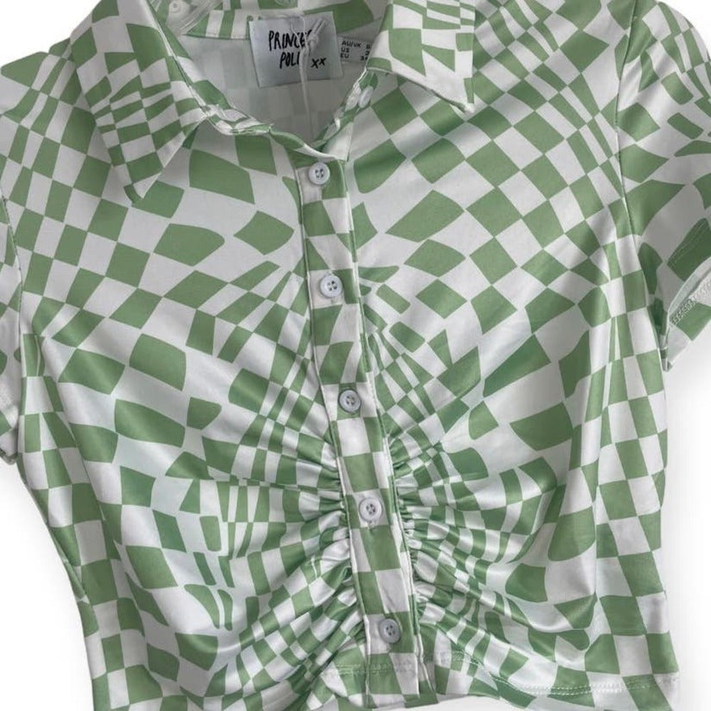 NWT Princess Polly Julian Top Green and White Checkered Cropped Button Down