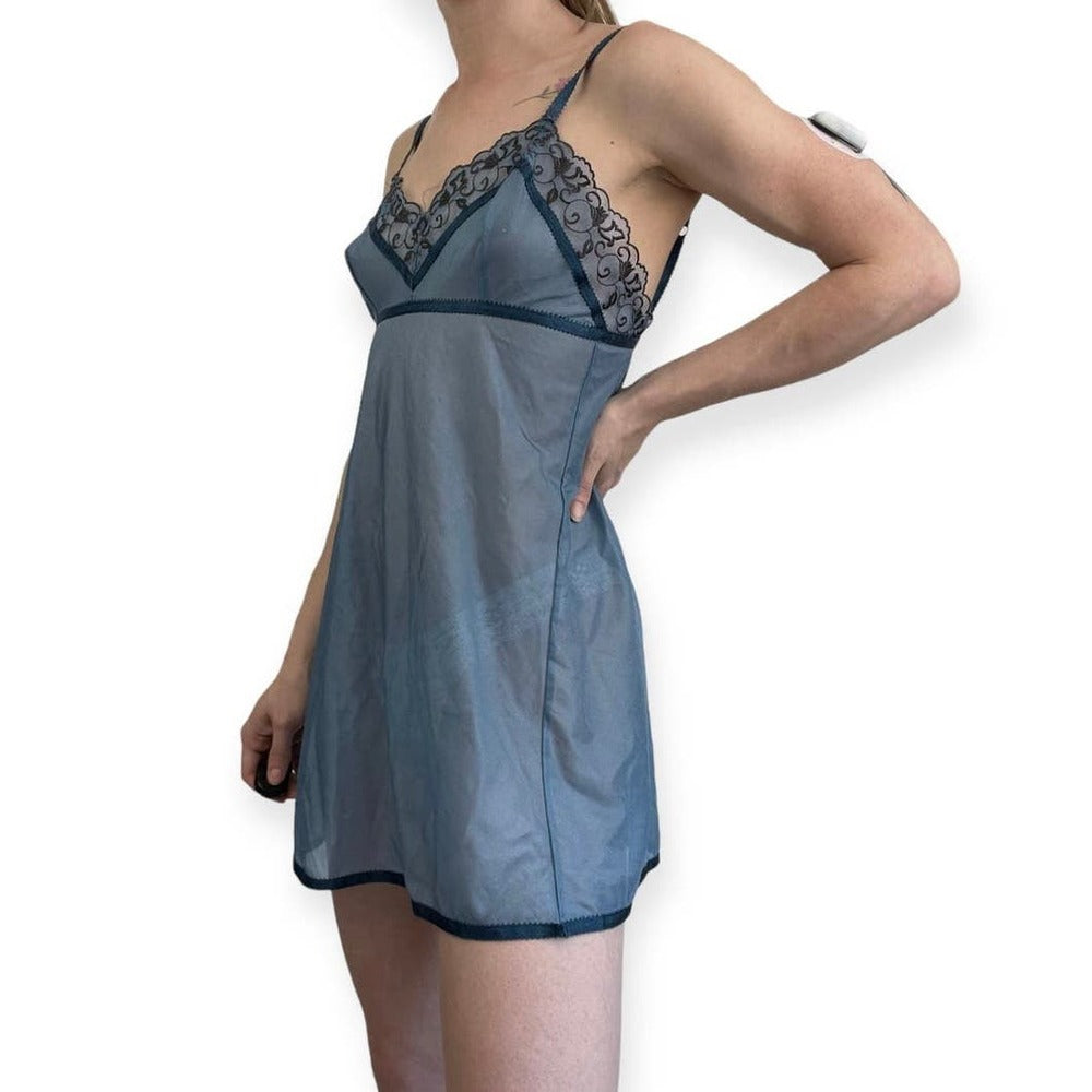 Victoria’s Secret Sheer Blue Lace Trim Slip Dress Lingerie Sleepwear