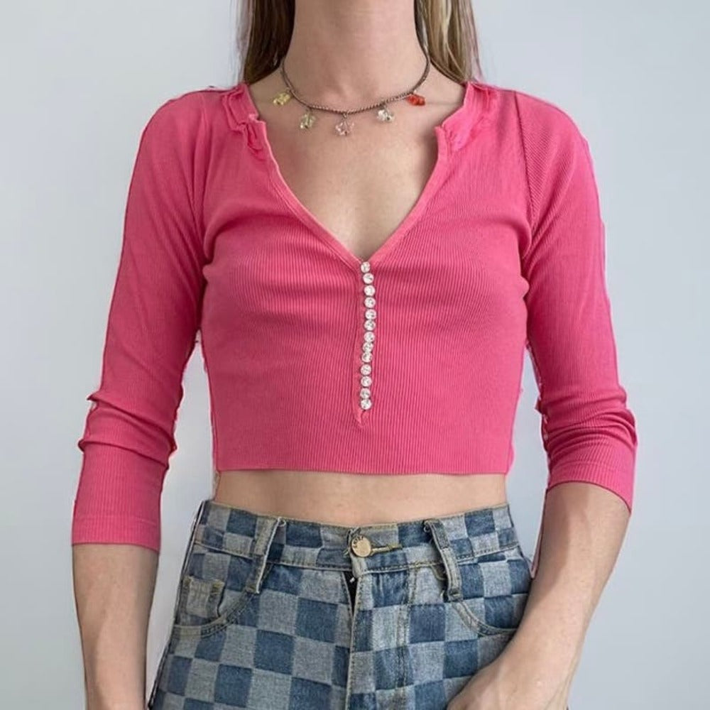 Vintage Bright Pink Cropped Ribbed Stretchy Rhinestone V-Neck Top