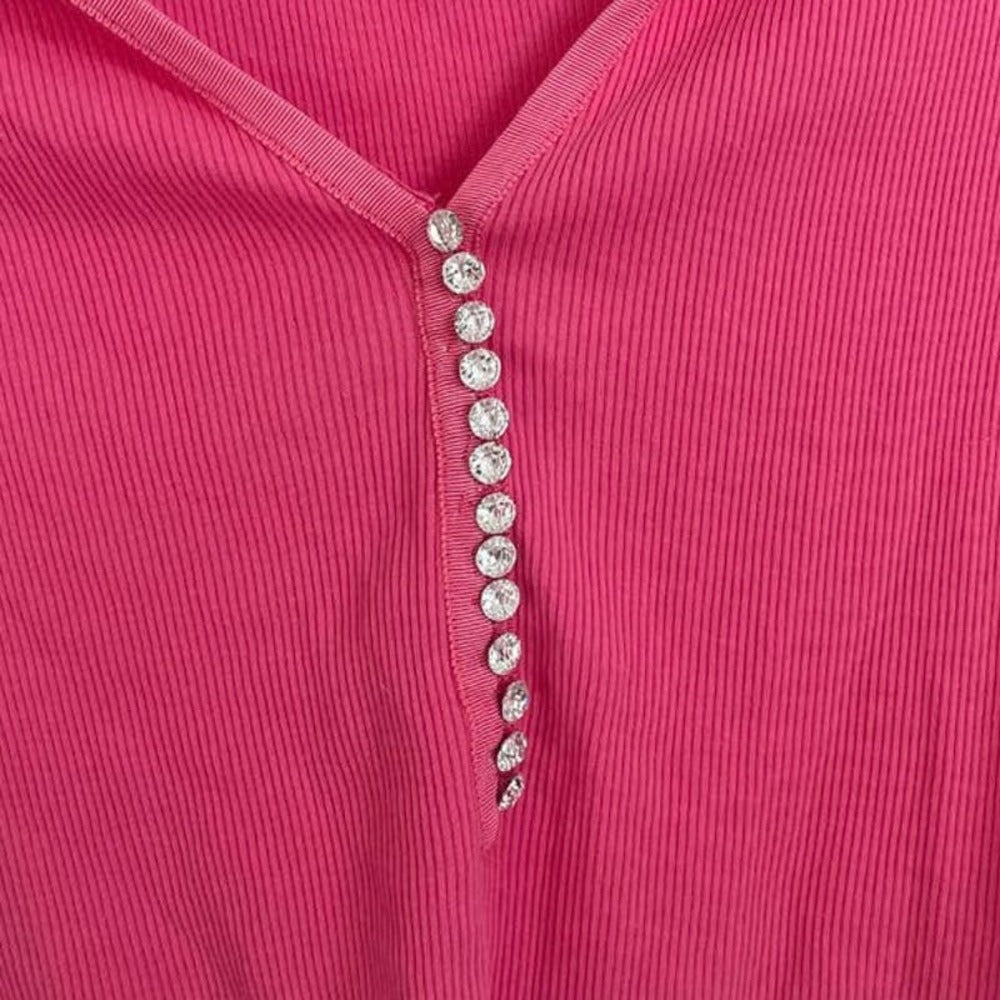 Vintage Bright Pink Cropped Ribbed Stretchy Rhinestone V-Neck Top