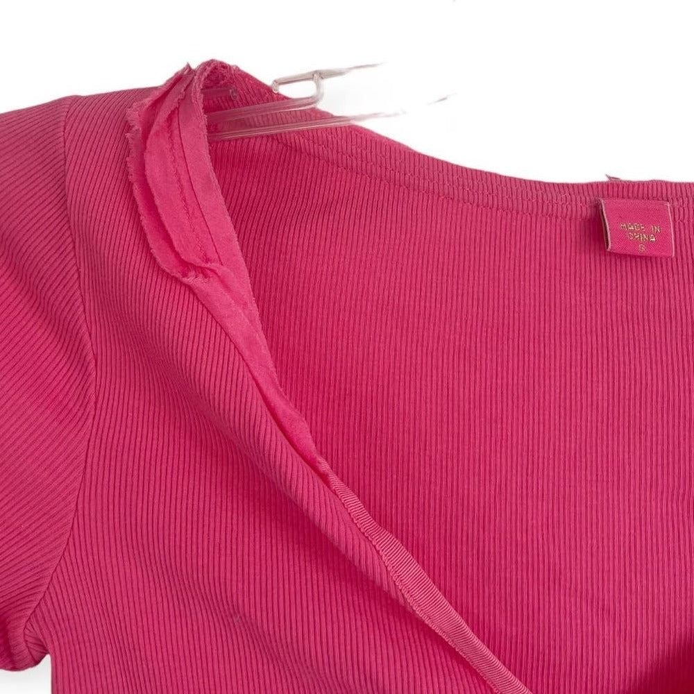 Vintage Bright Pink Cropped Ribbed Stretchy Rhinestone V-Neck Top