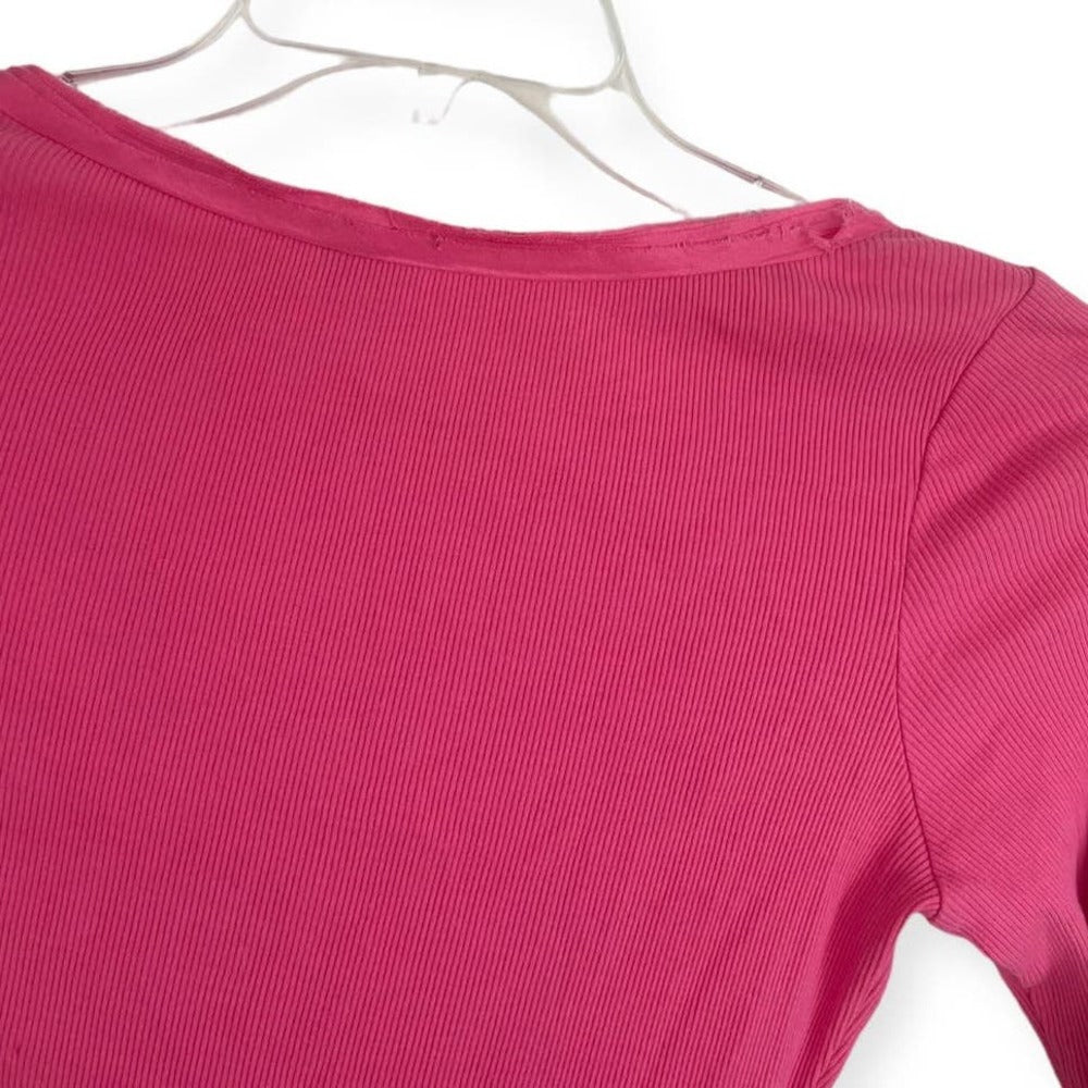 Vintage Bright Pink Cropped Ribbed Stretchy Rhinestone V-Neck Top