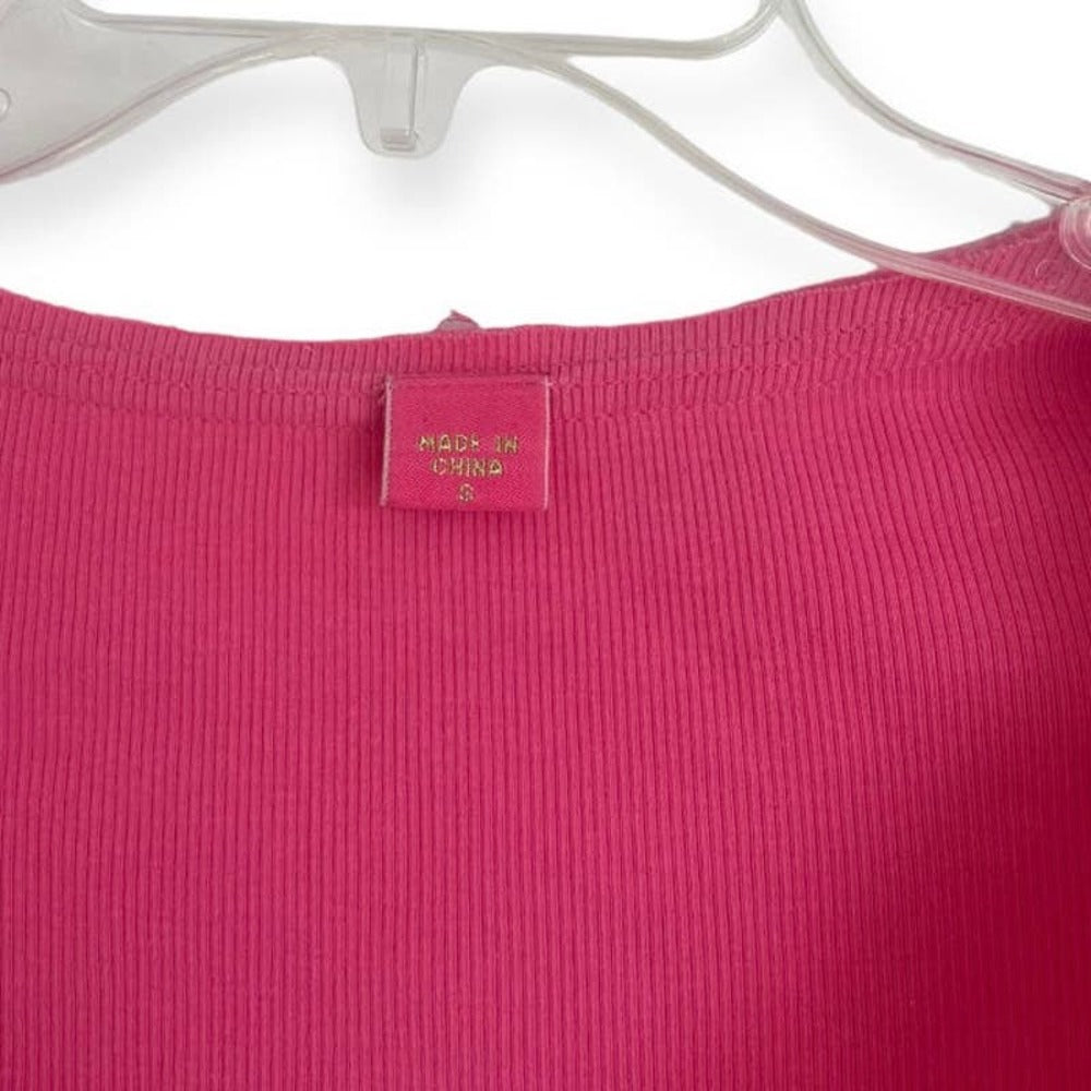 Vintage Bright Pink Cropped Ribbed Stretchy Rhinestone V-Neck Top