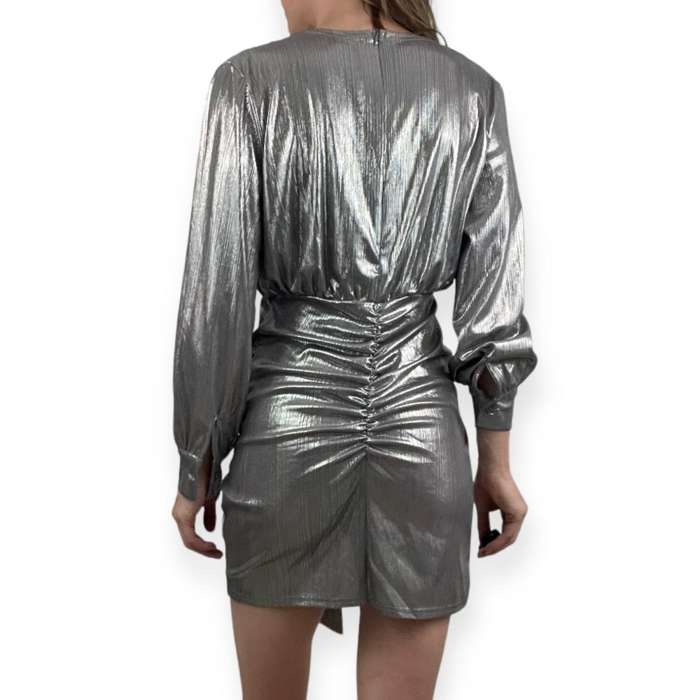 Silver Metallic Long Sleeve Asymmetrical Plunge Neck Mini Dress