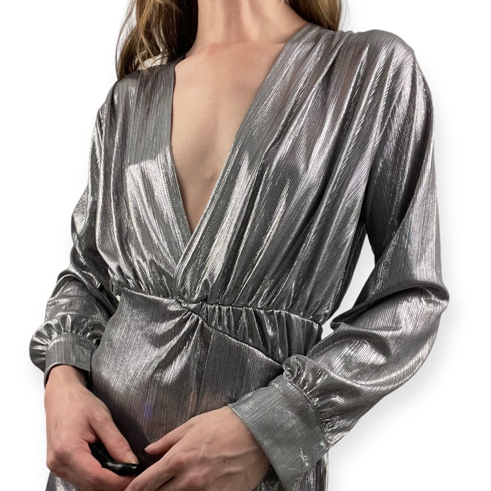 Silver Metallic Long Sleeve Asymmetrical Plunge Neck Mini Dress