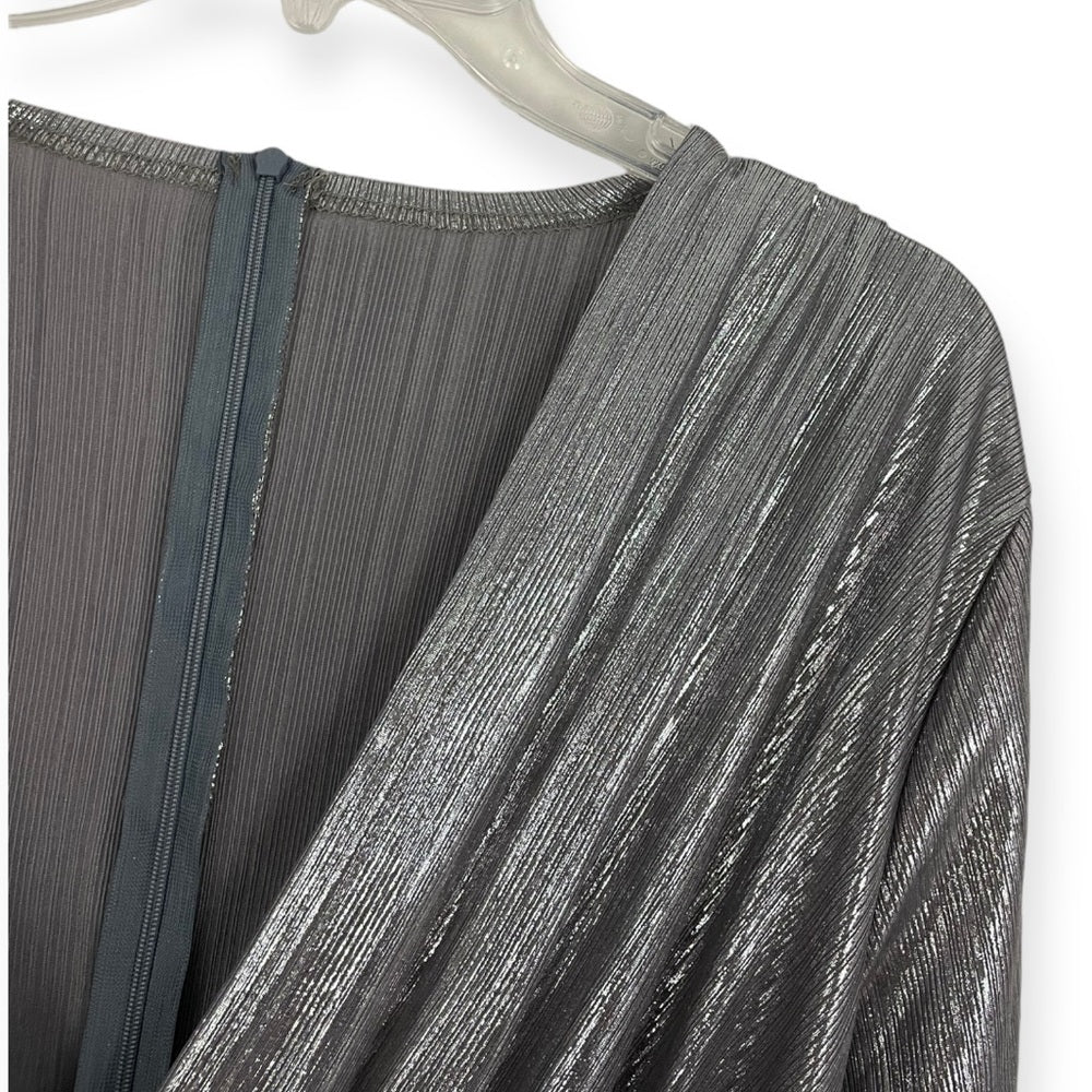 Silver Metallic Long Sleeve Asymmetrical Plunge Neck Mini Dress