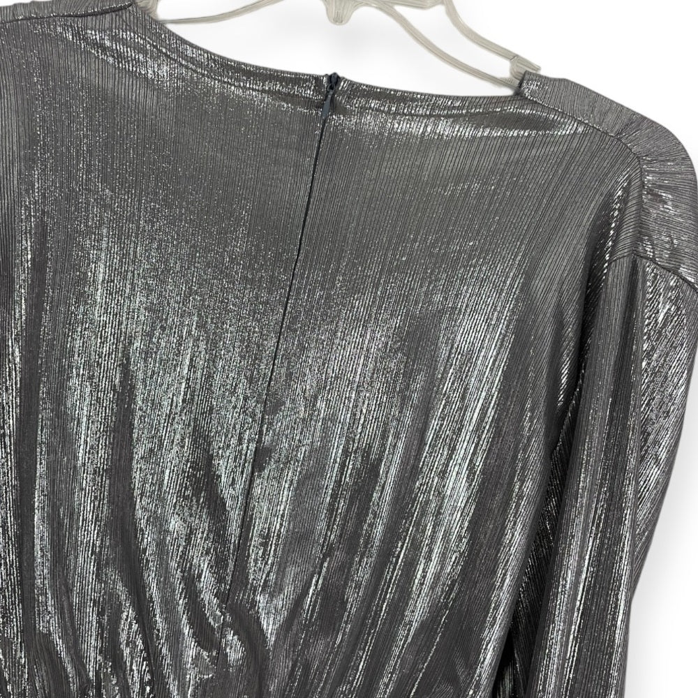 Silver Metallic Long Sleeve Asymmetrical Plunge Neck Mini Dress